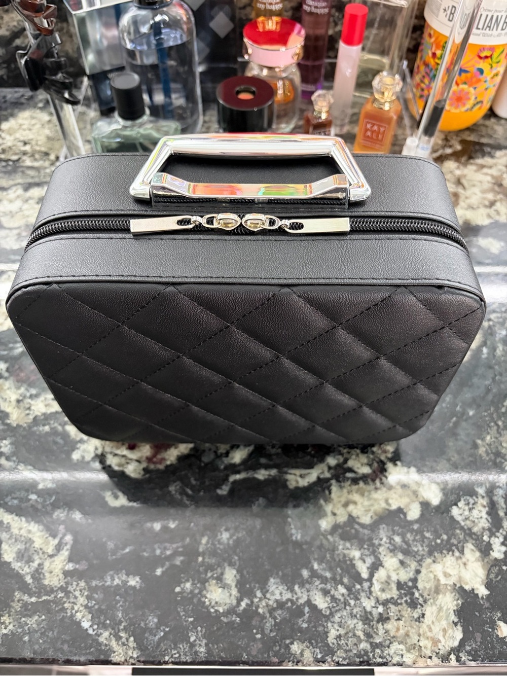 Privata Black Quilted Vanity Makeup Case w/ Hot Pink Interior